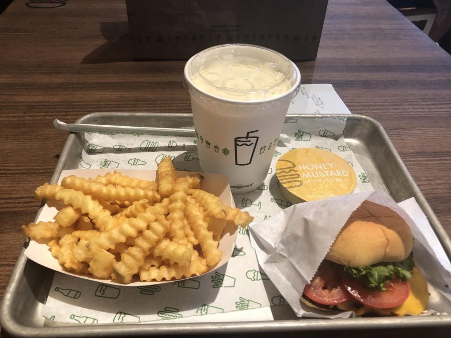 My meal from Shake Shack was presented nicely on a metal tray.