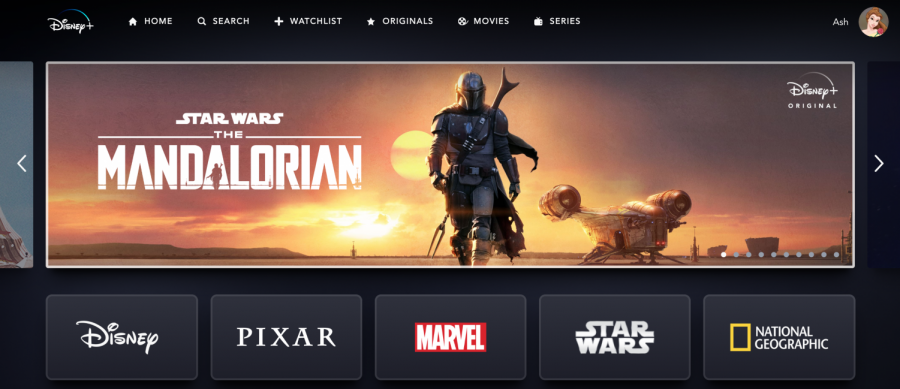 This is a picture of the homepage of Disney+. It shows the black look and all the categories. 