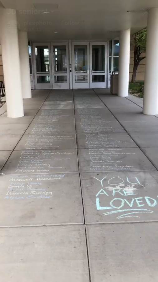 A tribute to the class of 2020; with each seniors name written at the entrance of the school. 